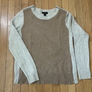 J Crew Women's Wool Sweater M - Zippers Color Block Camel Taupe Preppy Minimal